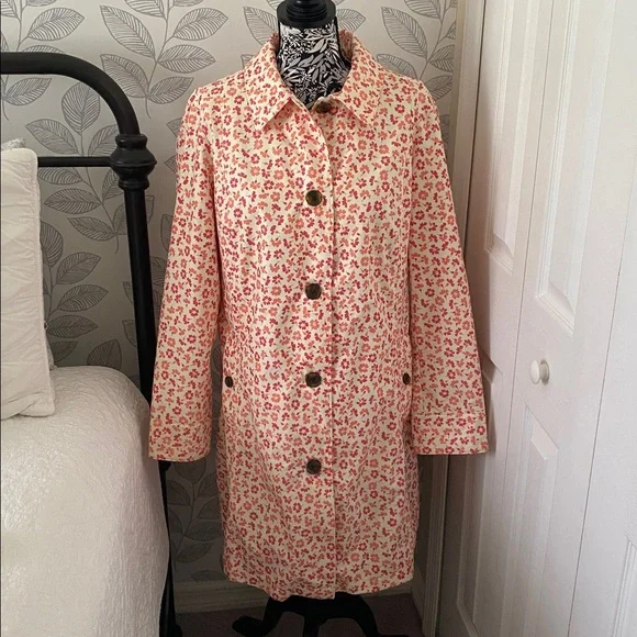 Women’s Lands’ End pink & orange floral trench coat trending fall 2025 - Picture 2 of 11